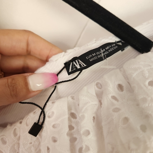 Zara White Eyelet Lace Ruffle Ribbed Mini Dress New Bodycon Size Medium Coquette - Picture 15 of 15